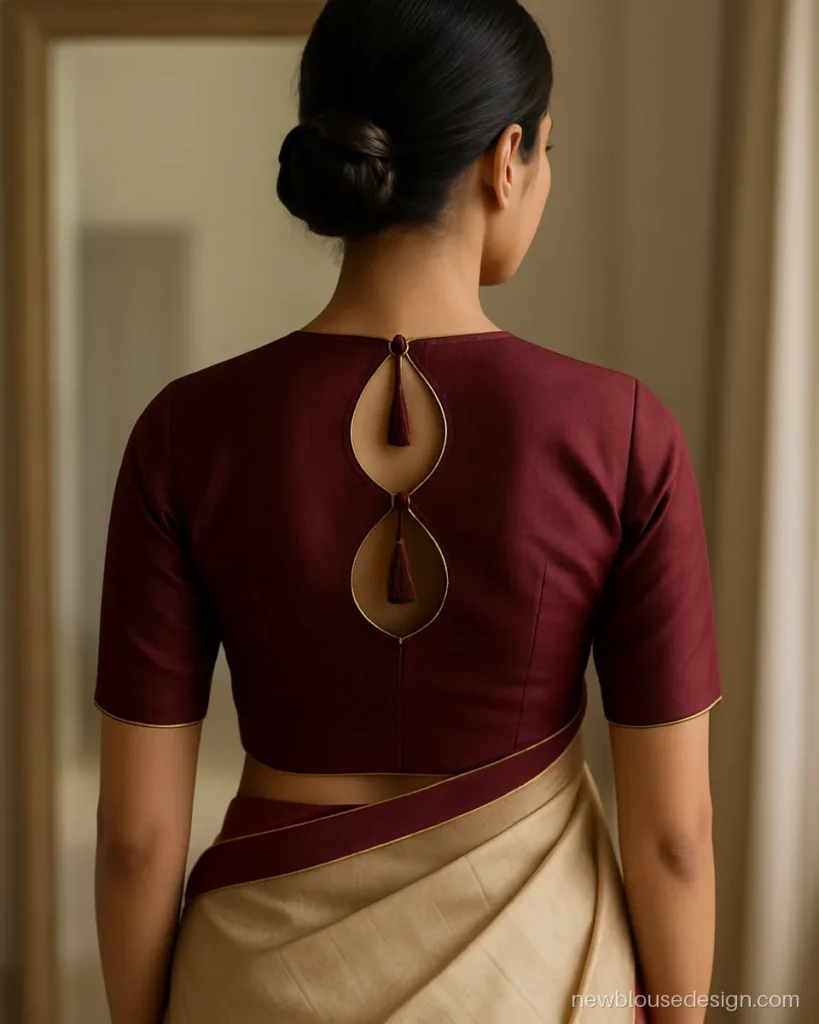 Silk saree blouse back design in wine colour with two stacked keyholes and silk tassels