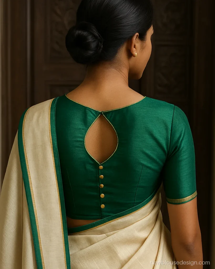 Paan shaped back neck on emerald silk blouse with a row of small gold buttons