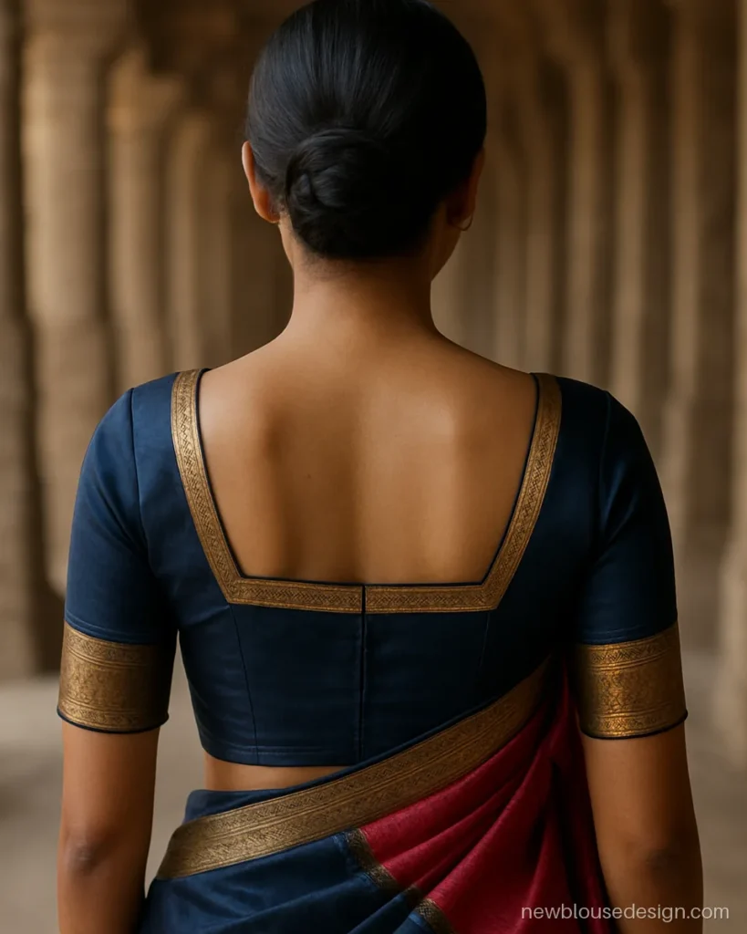 Square back neck silk blouse in navy with a small temple border patch at the base