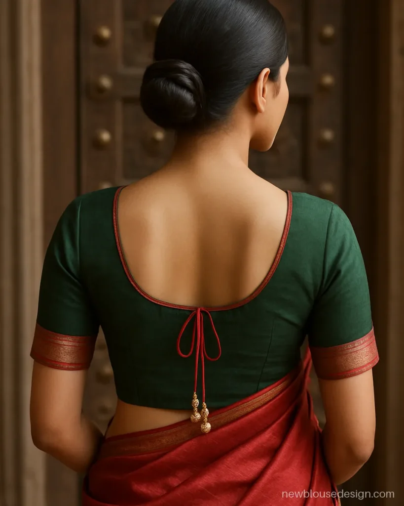 Bottle green silk blouse with a deep round back and red saree border detail