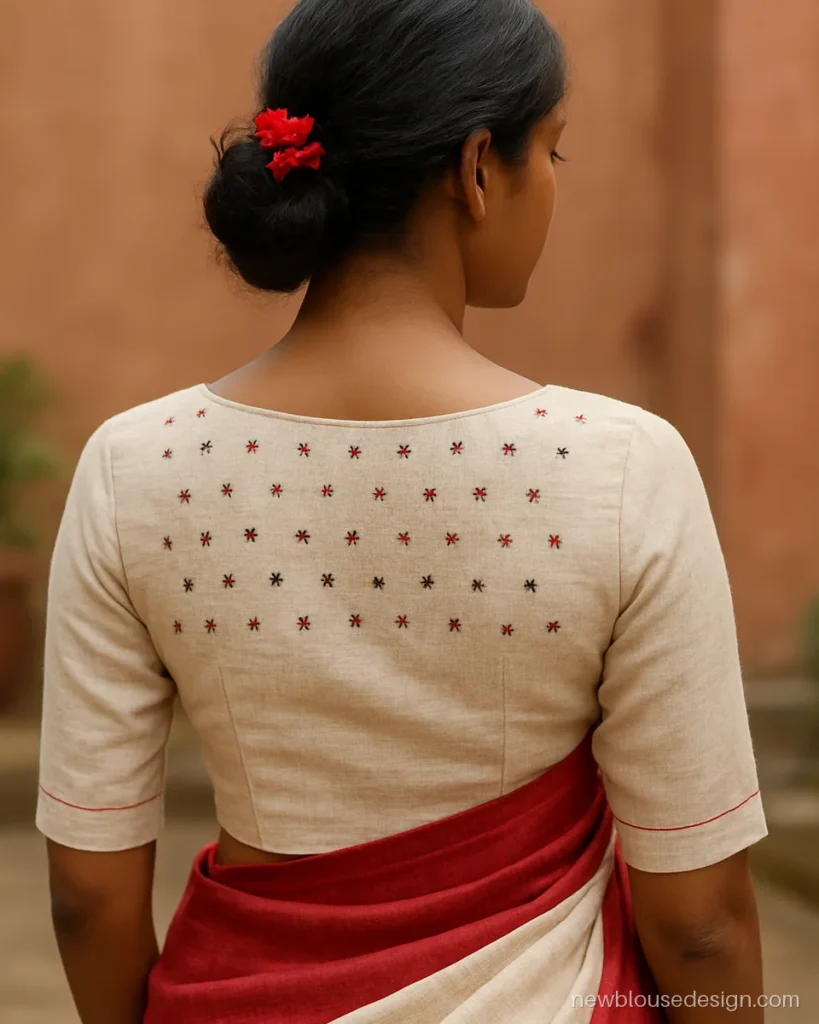 Off-white matka silk blouse with boat neck and kantha stitch on the back