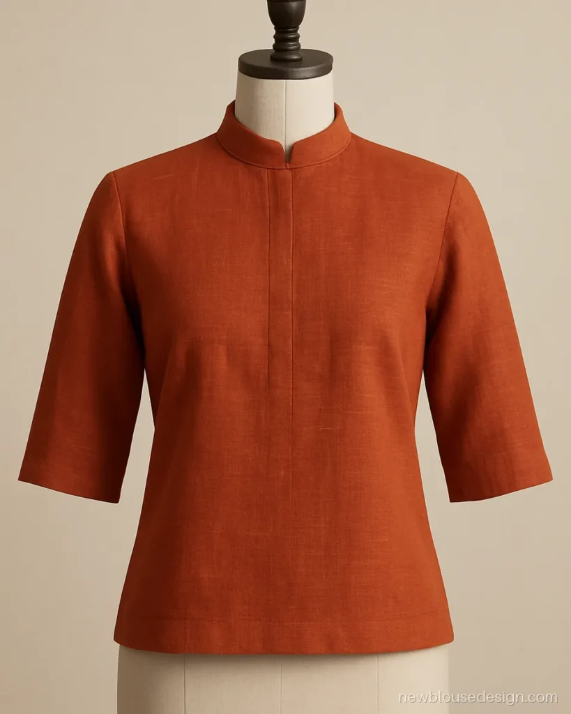 Matka gala blouse design in rust matka silk with a high rounded neck and buttons