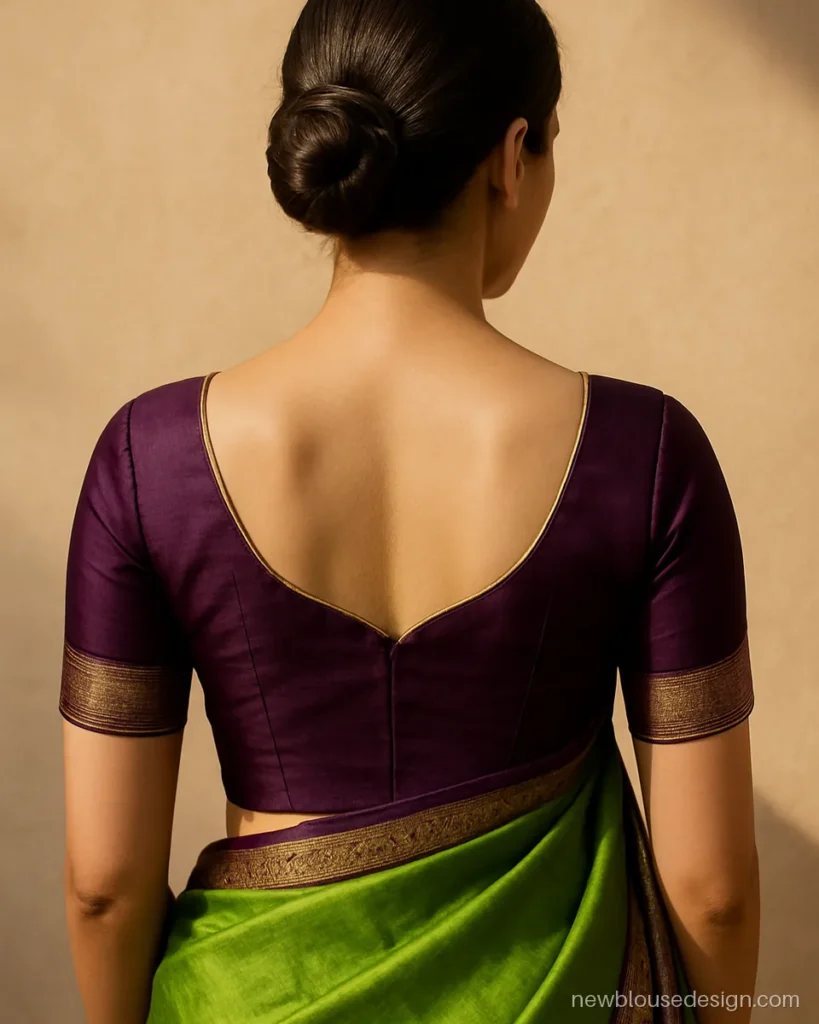 Purple silk blouse design with sweetheart back neck worn with a green silk saree