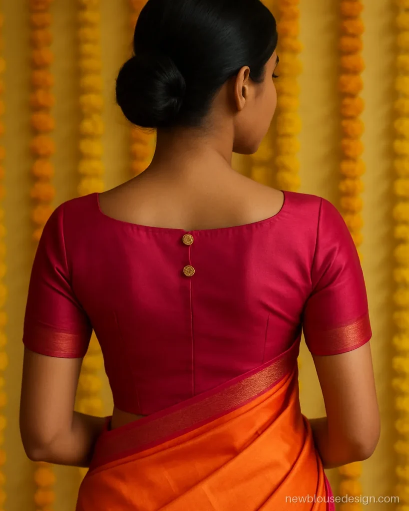 Rani pink silk blouse with boat neck back and gold buttons on an orange saree
