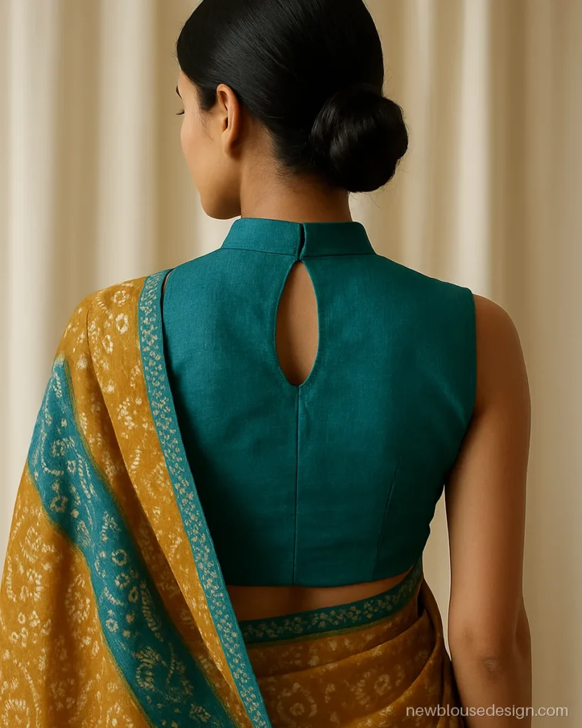 Raw silk blouse back design with mandarin collar and keyhole in teal