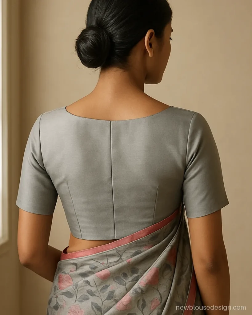 Simple boat neck silk blouse back in grey with short sleeves and no work