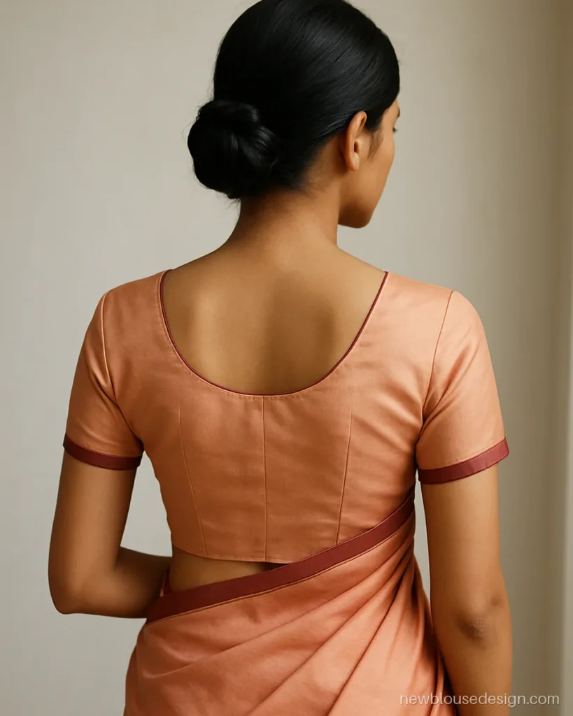 Silk saree simple blouse back design with round neck and contrast piping