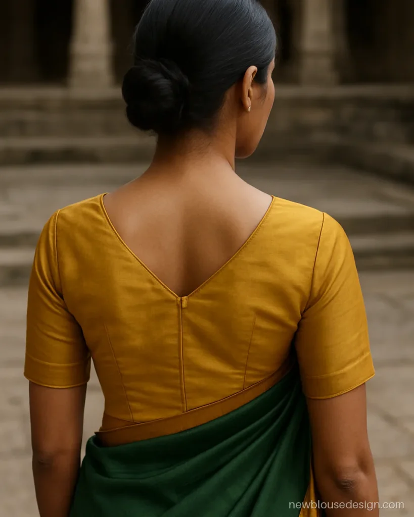 Simple V back silk blouse in mustard with one fabric covered button