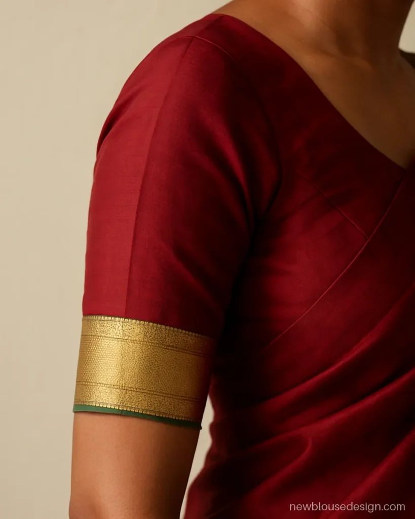 Elbow length silk blouse sleeves design with a wide zari border band at the hem