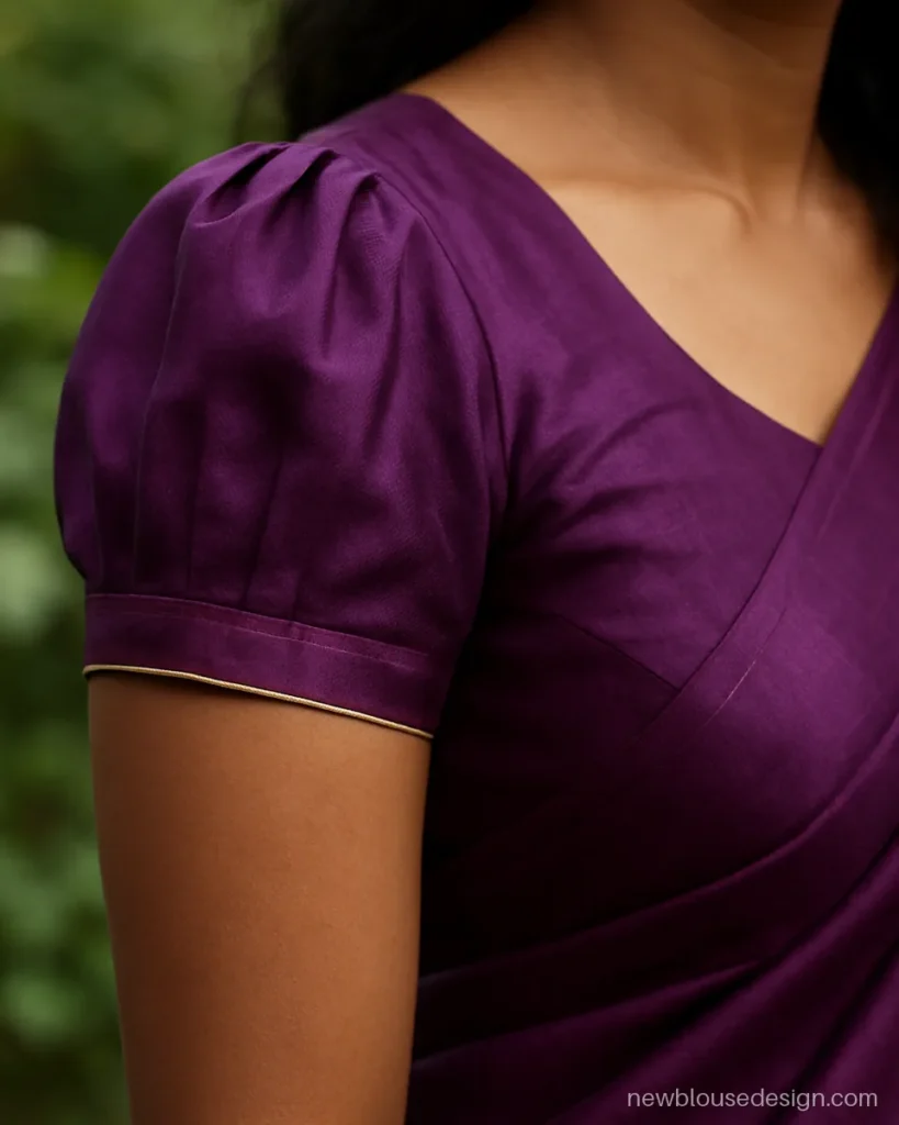 Silk saree new blouse sleeves design with pleated puff at the shoulder in purple