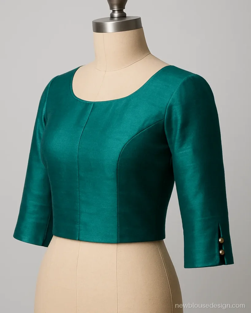 Three quarter silk blouse baju design with a slit and three gold buttons