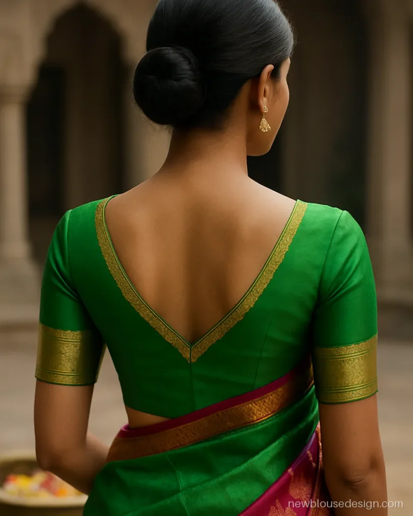 Silk saree traditional blouse back design with temple border along a V back neck