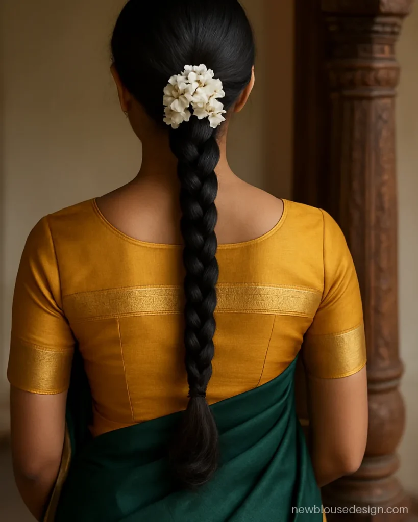 Temple border yoke across the shoulders on a mustard silk blouse back