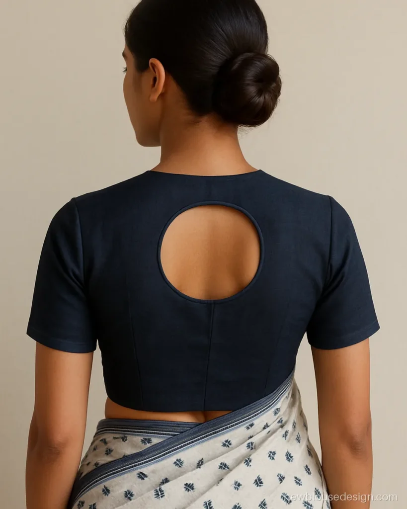 Simple circle blouse design with a round cut-out on the back of a navy cotton blouse