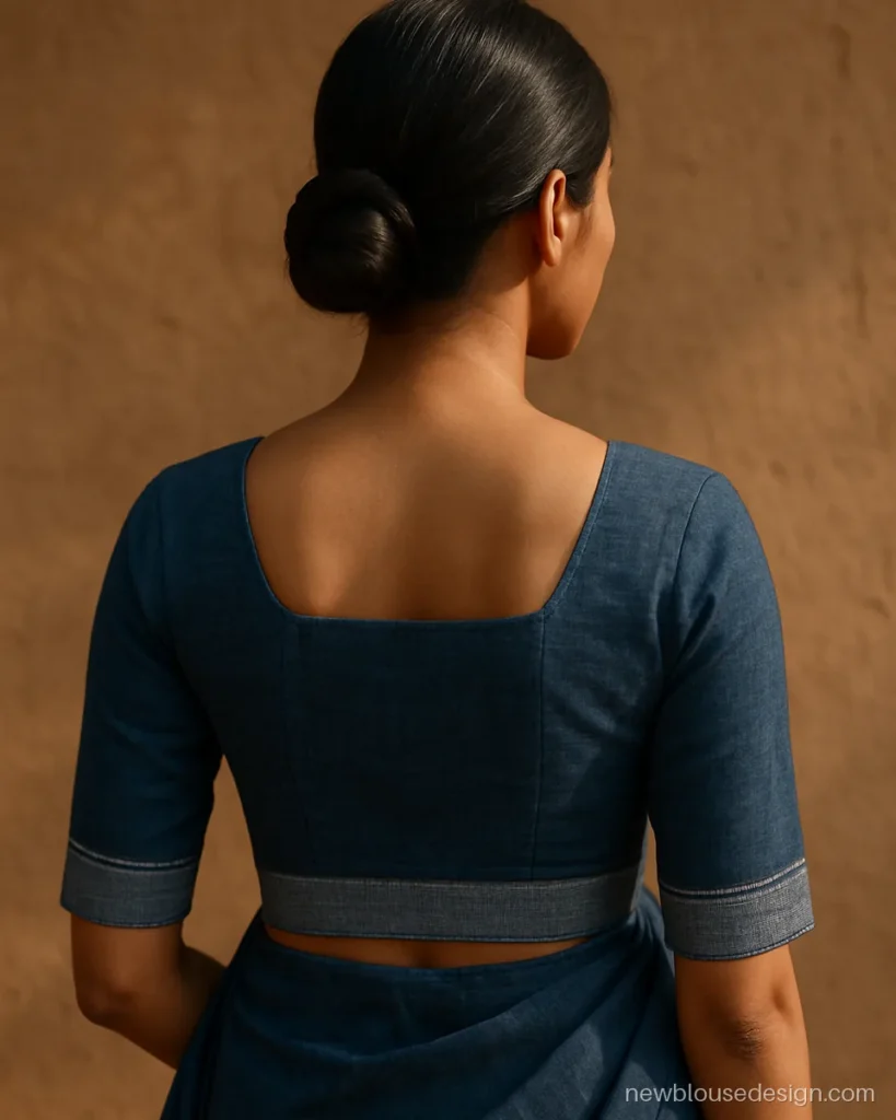 Indigo cotton blouse with saree border stitched across a square back
