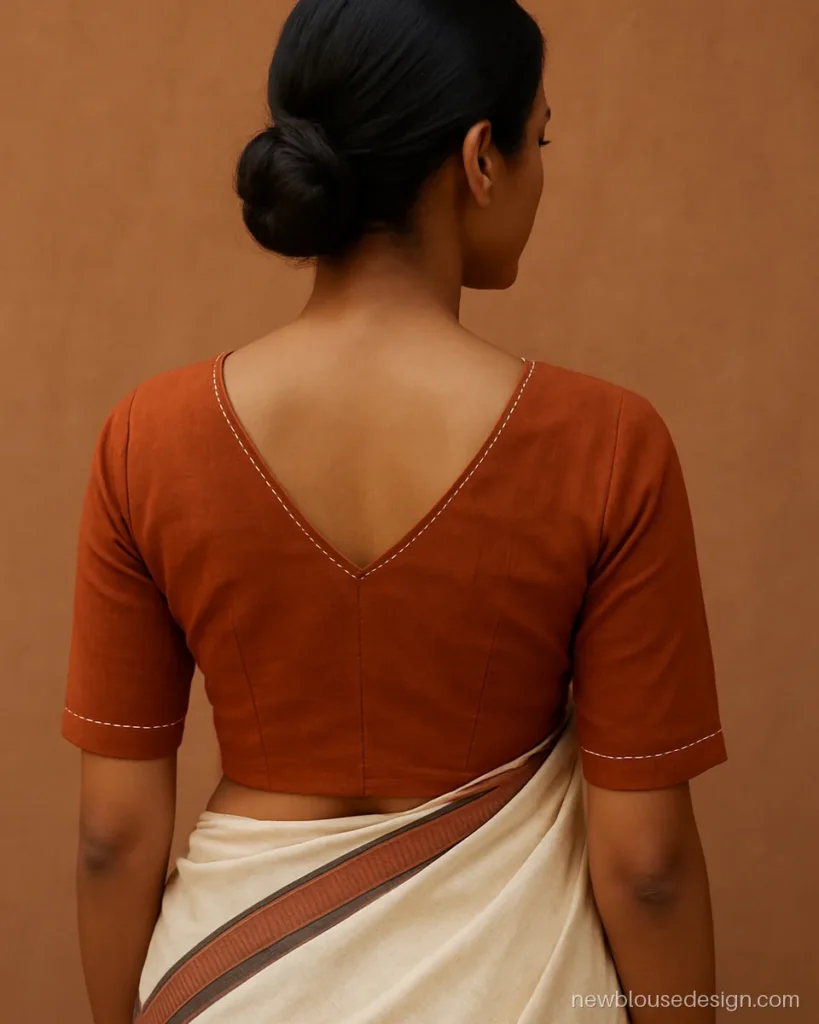Rust cotton blouse with V back and small kantha running stitch outline