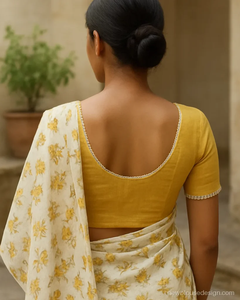 Yellow mulmul blouse with U back edged in white crochet lace