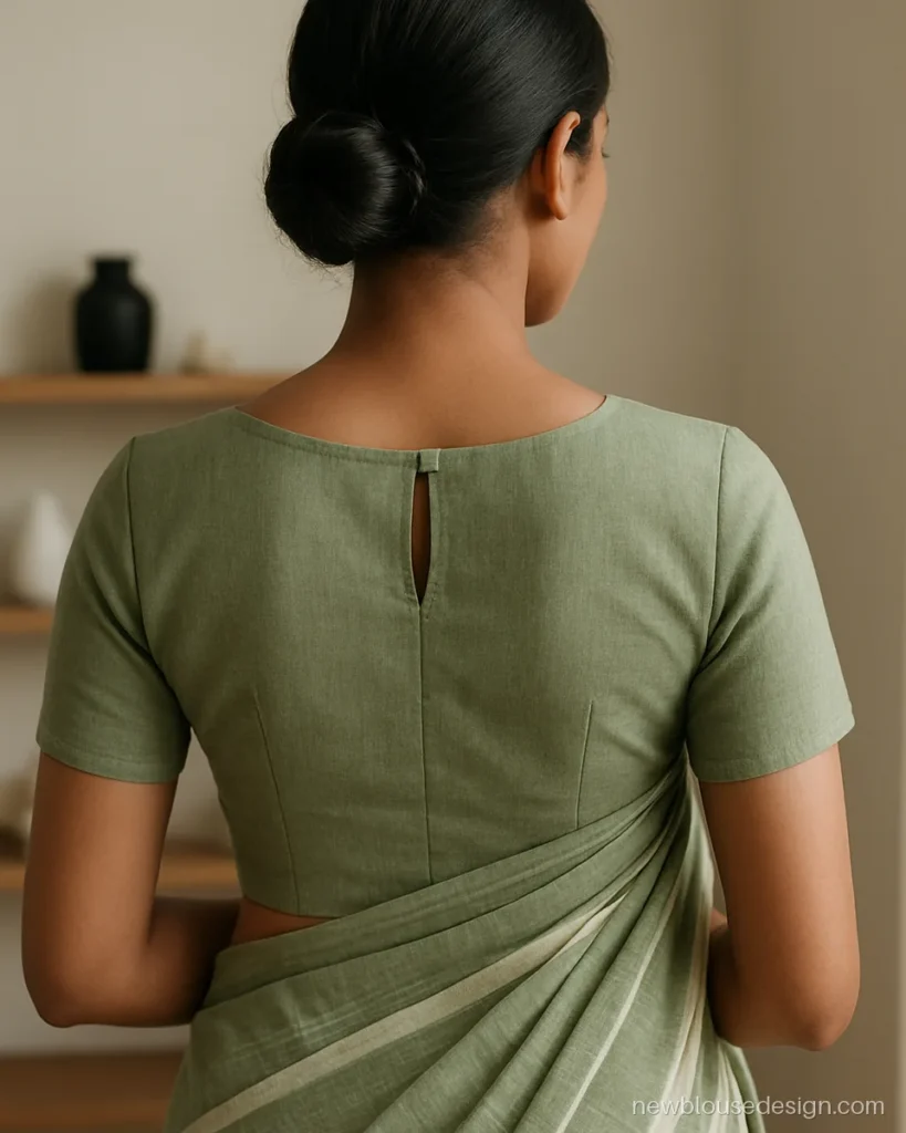 Sage green cotton blouse with closed back and tiny keyhole with one button