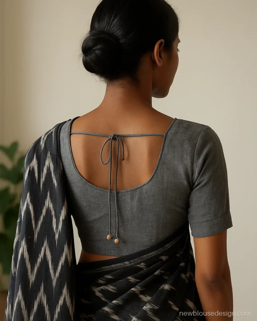 Grey cotton blouse with round back and dori ending in wooden beads