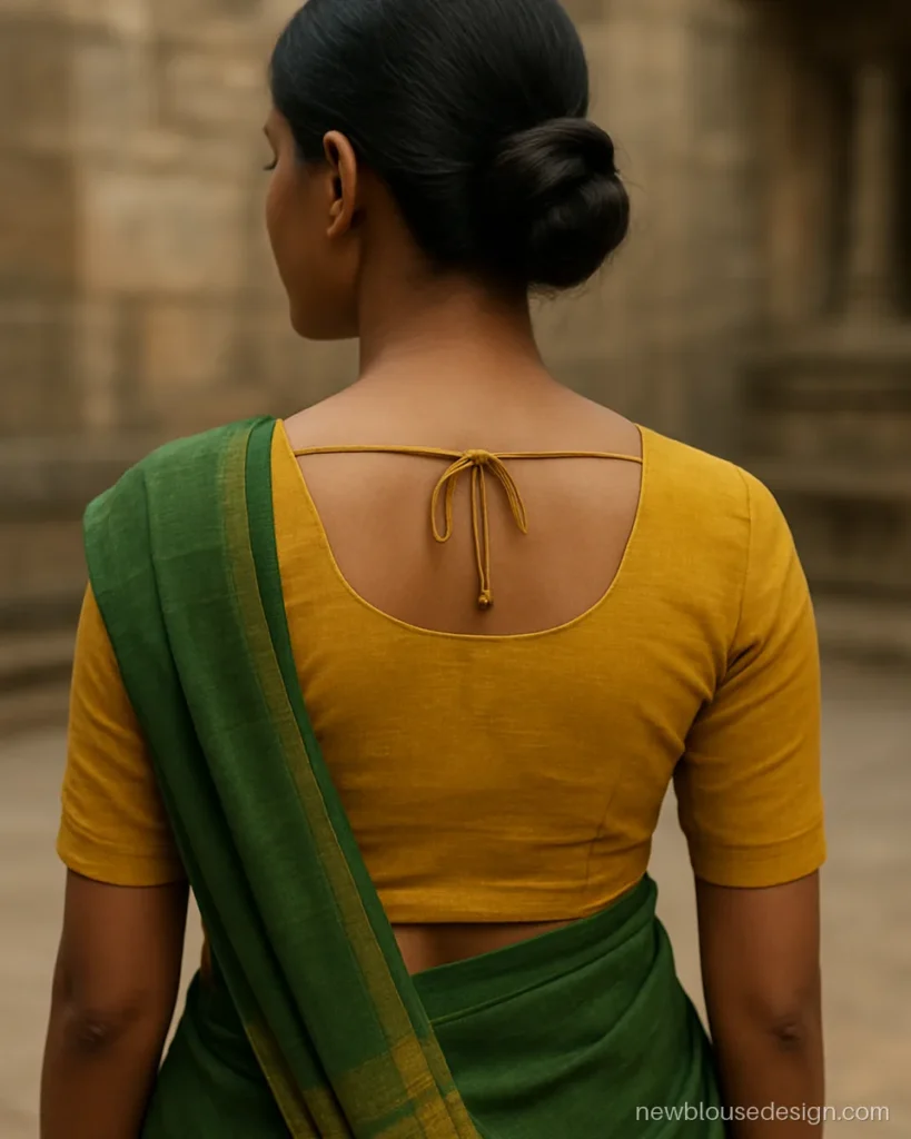 Simple blouse design with a closed back and a single mustard dori at the neck
