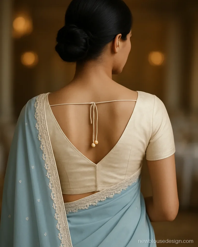 Ivory georgette blouse with V back and one dori with pearl latkans