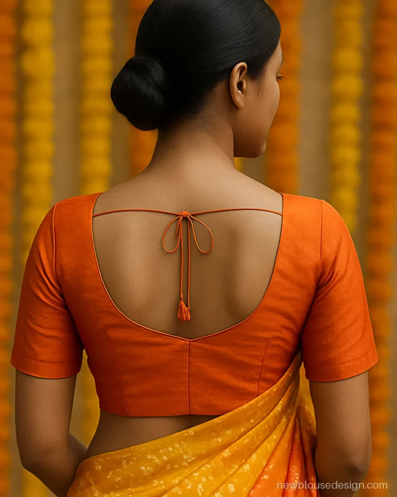 Orange silk blouse with deep U back and single dori with silk tassels