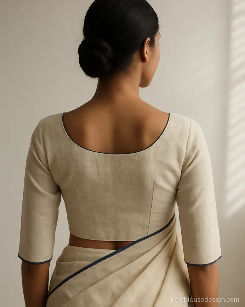 Cream linen blouse with shallow boat back and three quarter sleeves