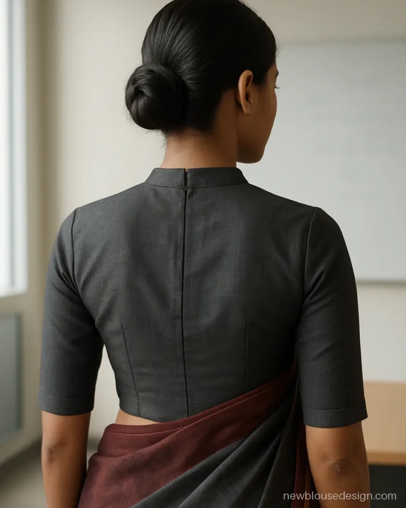 Charcoal cotton silk blouse with closed back and hidden centre zip