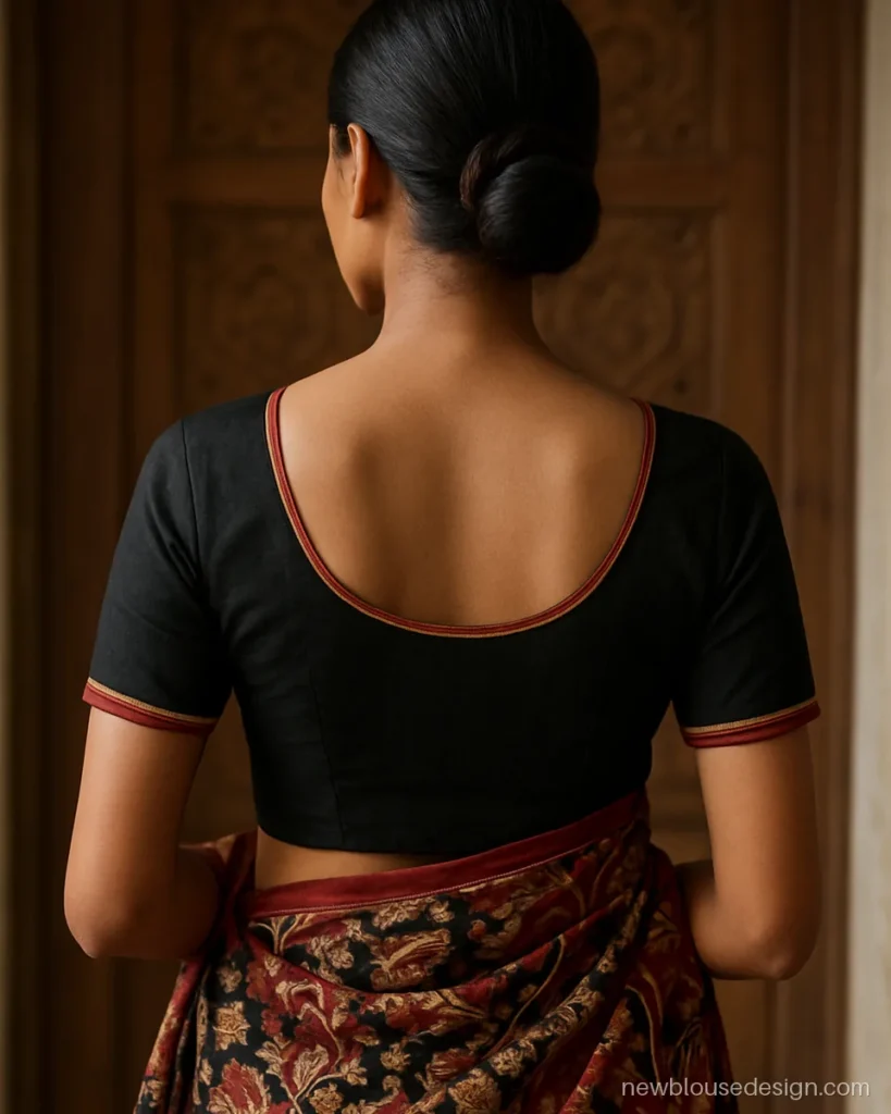 Black cotton blouse back with double line red and gold piping on round neck
