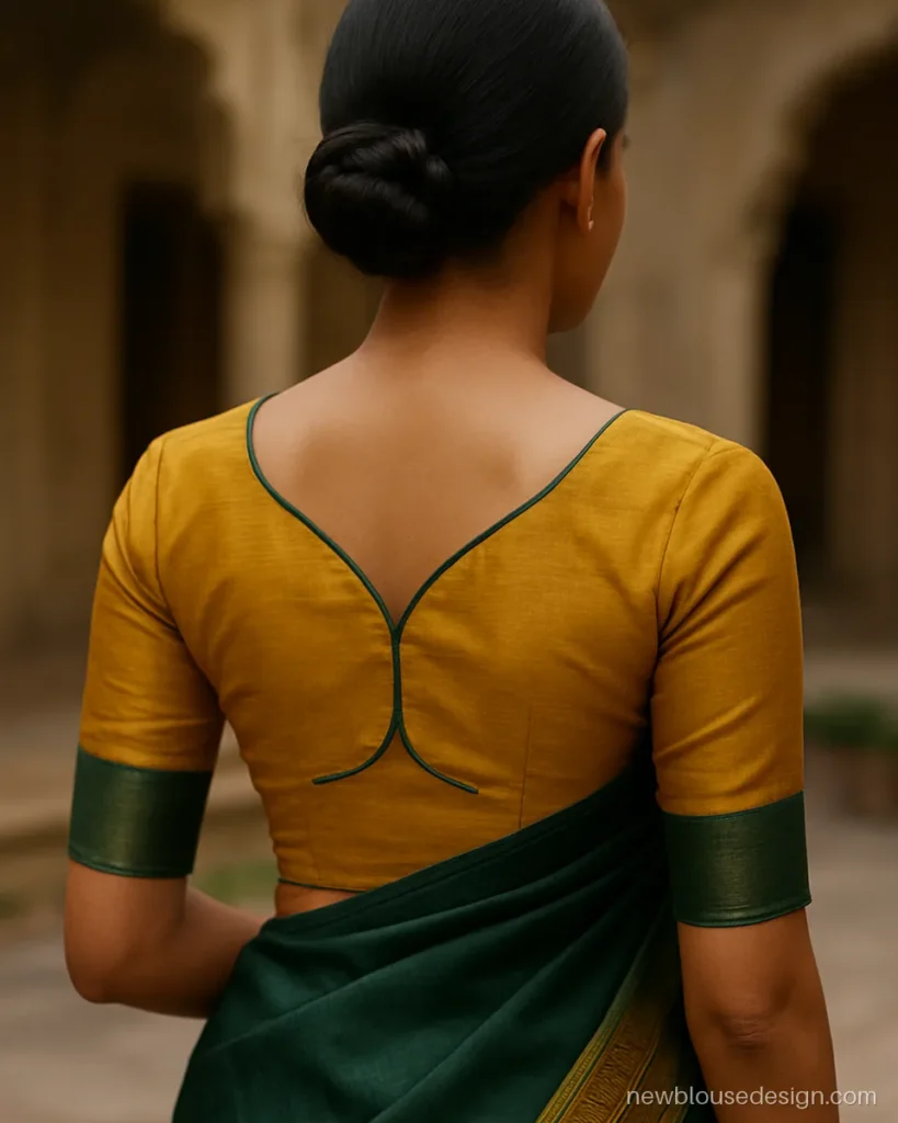 Mustard silk blouse with paan shaped back and green piping