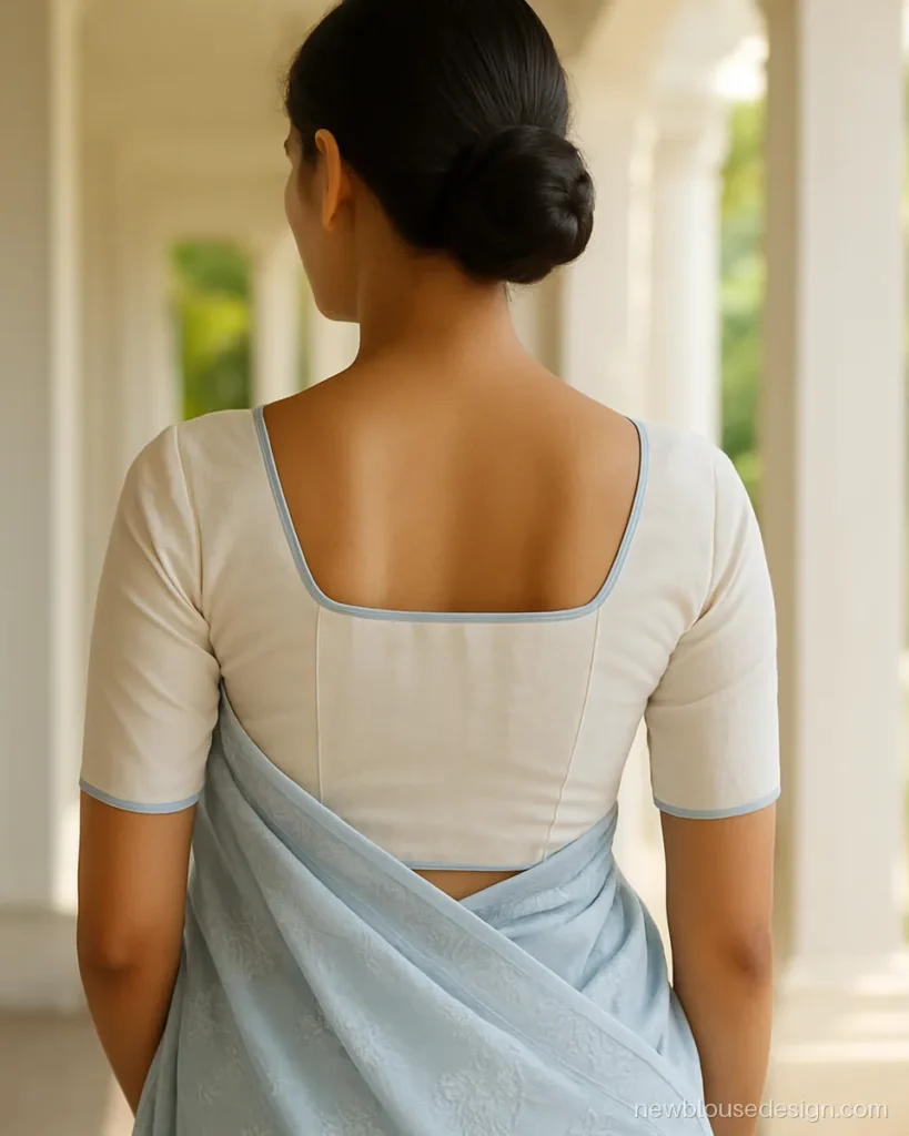 White cotton blouse with square back and pale blue piping