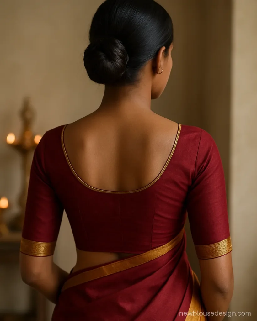 Maroon silk blouse with deep round back edged in thin gold zari lace