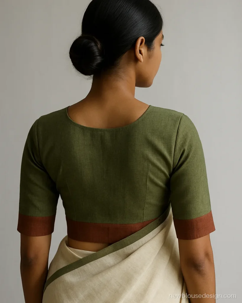 Olive khadi blouse with round back and wide contrast band at the hem