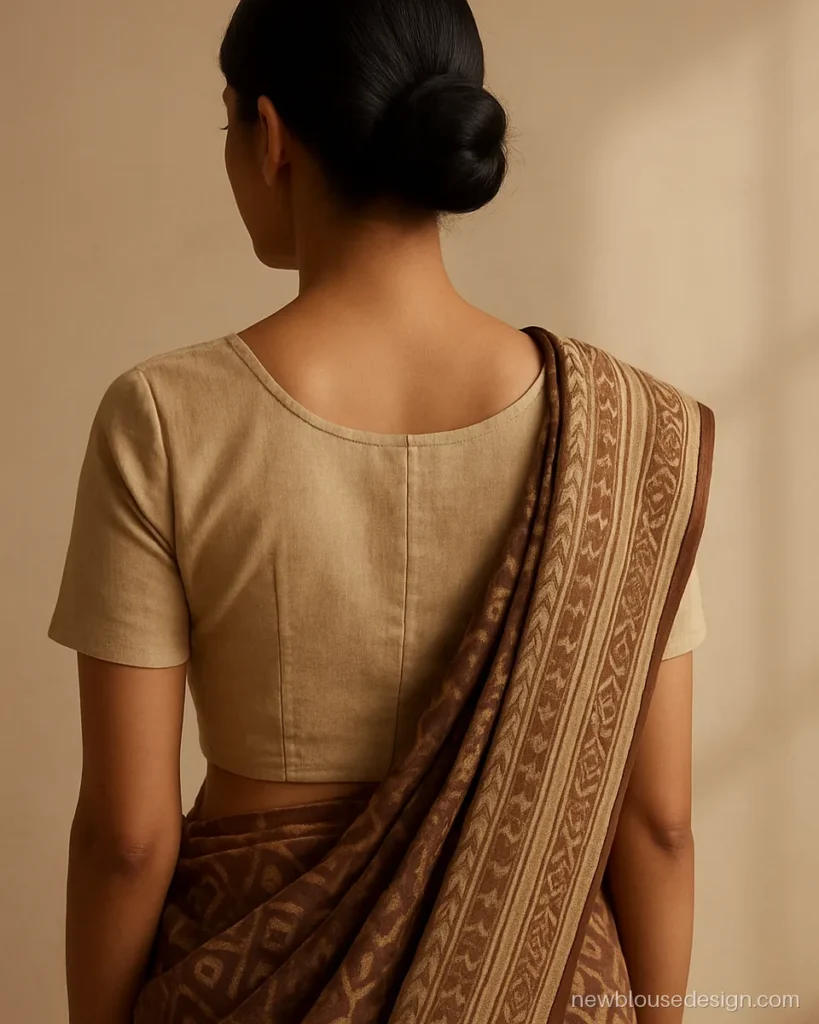 Normal blouse back design photo: shallow round back in beige cotton with hooks