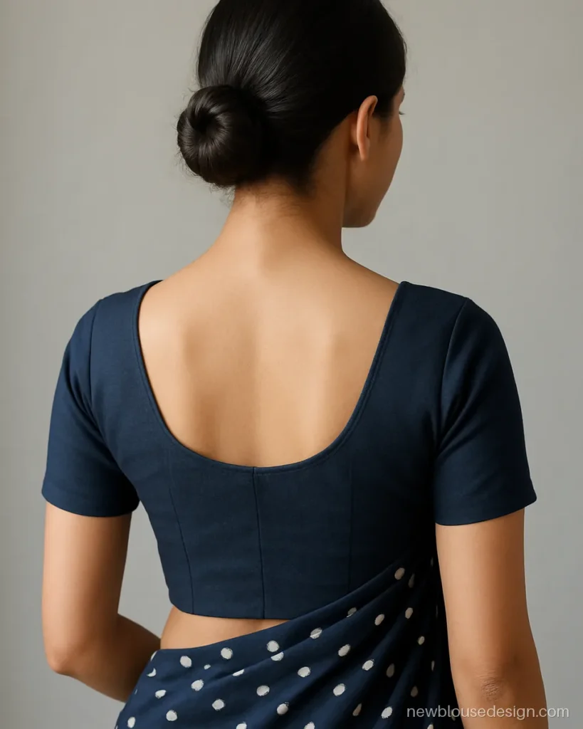 Navy crepe blouse with a medium U back and plain short sleeves