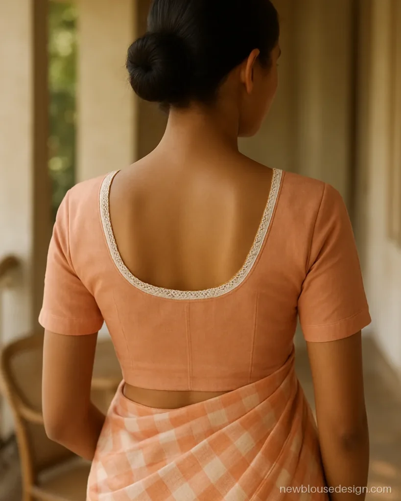 Plain U back neck blouse in peach with a thin lace edge
