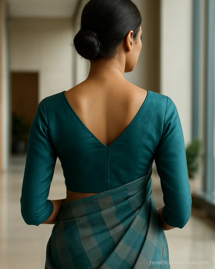 Teal cotton silk blouse with narrow V back reaching mid back