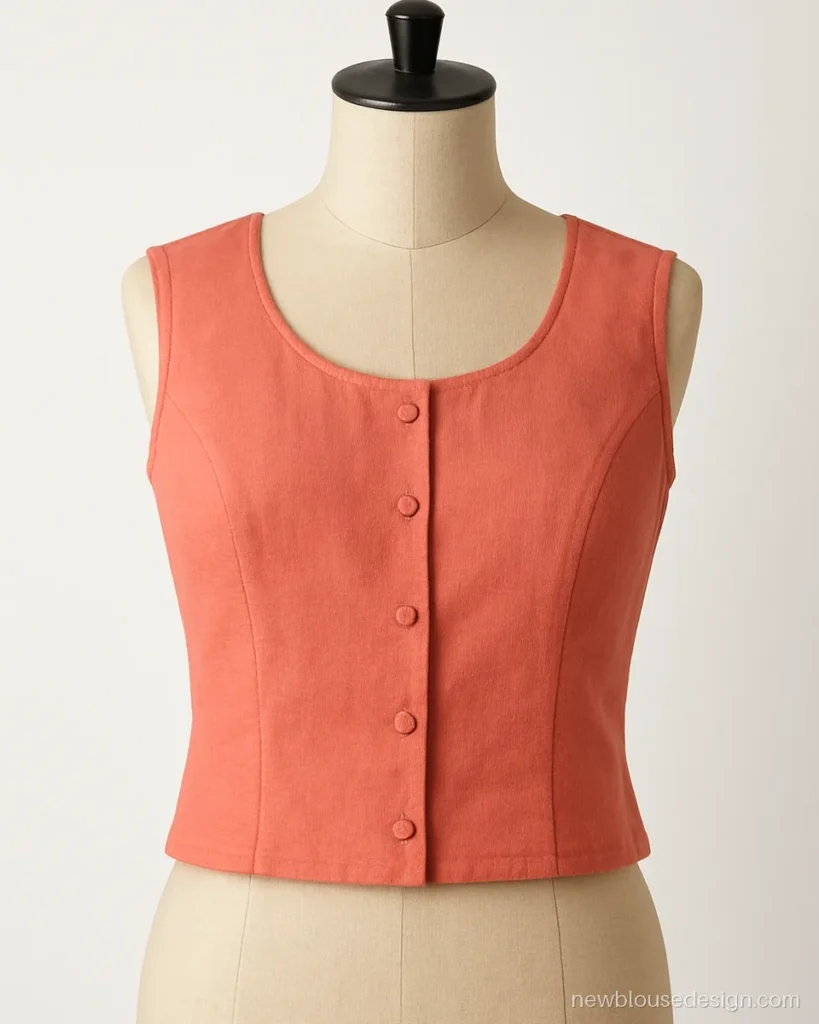 Easy simple blouse design, sleeveless with a plain round neck in coral