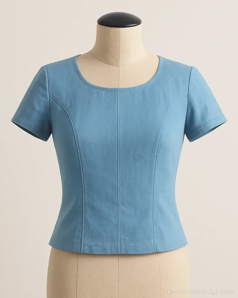 Sky blue blouse with princess cut seams, a basic simple pattern blouse design