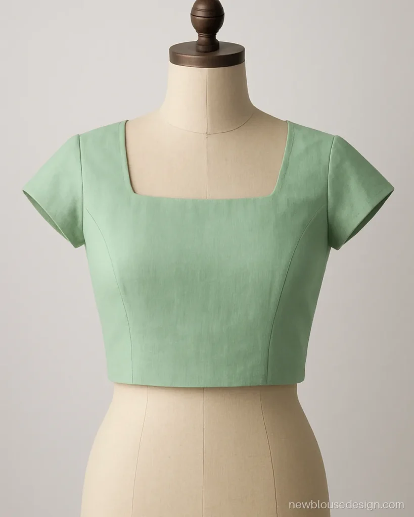 Square neck blouse with cap sleeves in mint green, easy for beginners