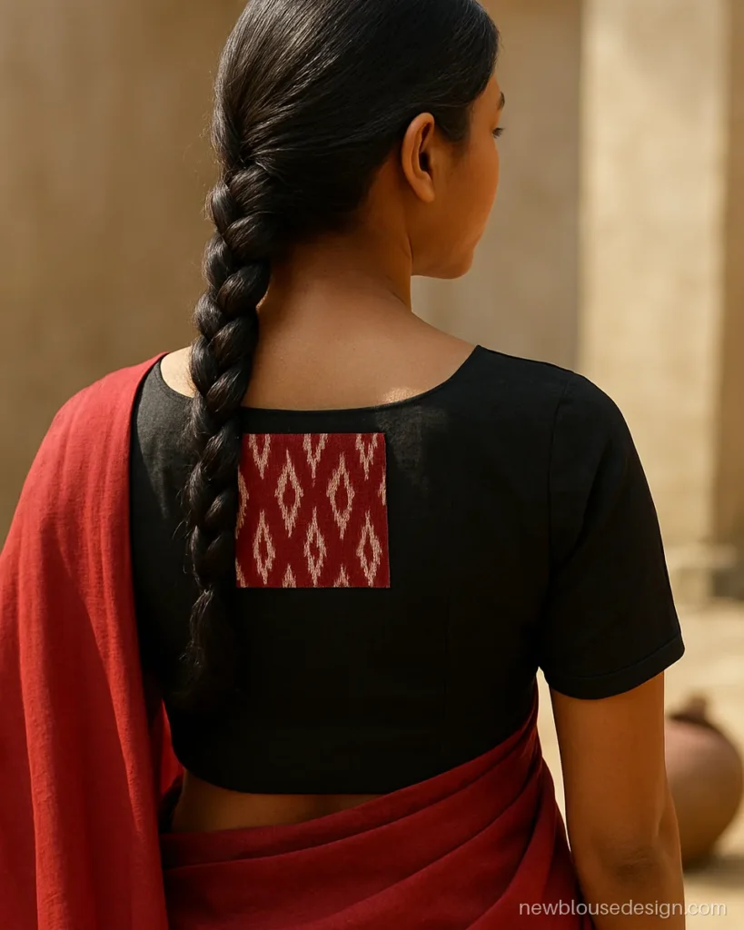 Cotton blouse back with a rectangular ikat patch below a round neck