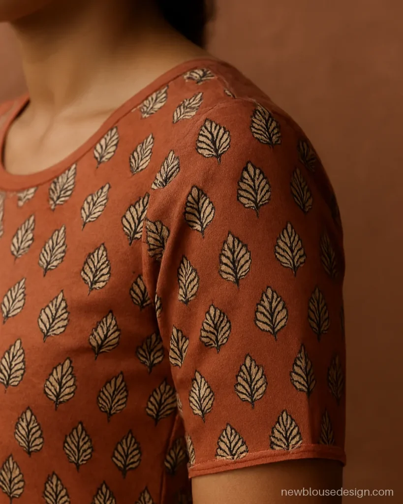 Simple cotton blouse with plain body and kalamkari printed elbow sleeves
