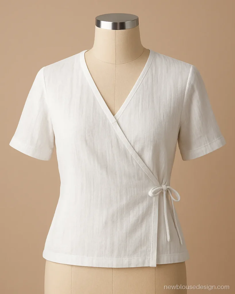 White khadi cotton blouse with angrakha overlap front and side ties