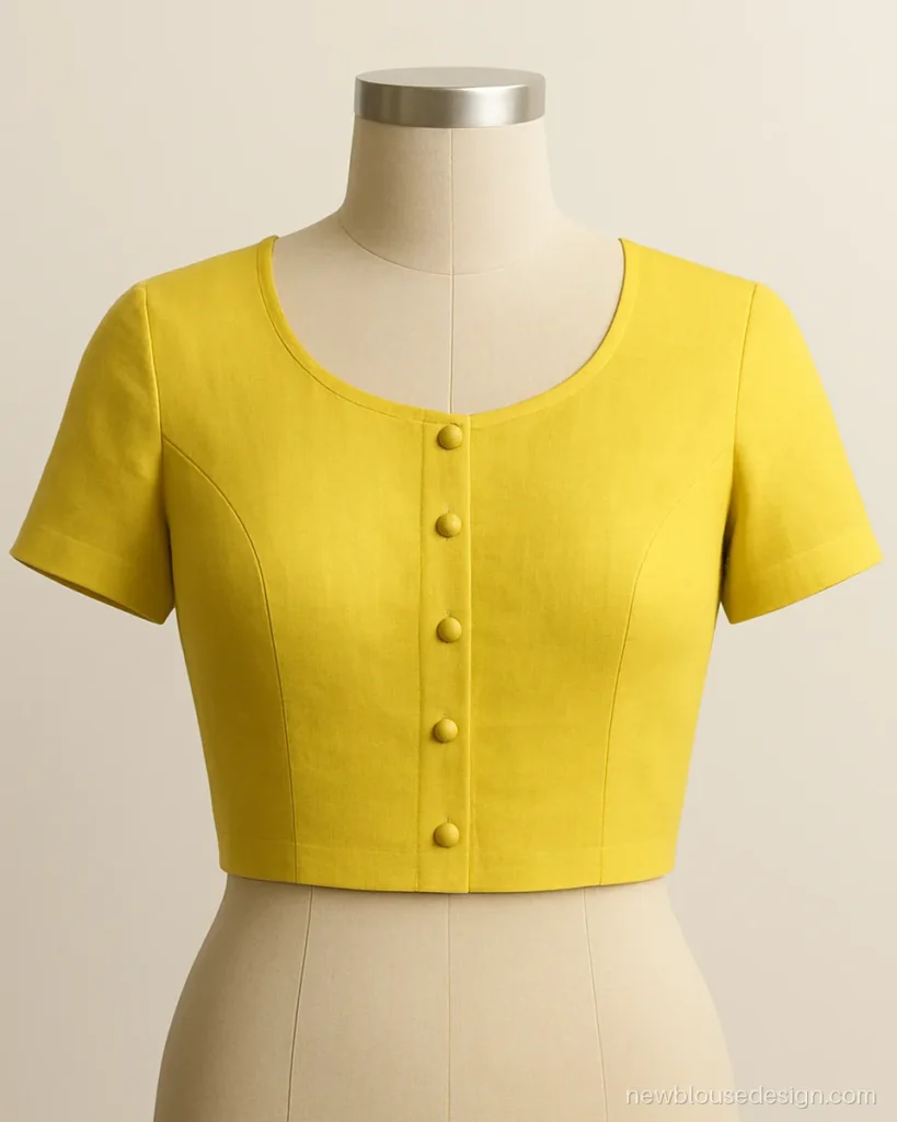 Simple saree blouse design front view in yellow with a classic round neck