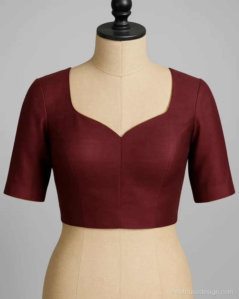 Simple front neck blouse in maroon cotton silk with a shallow sweetheart shape
