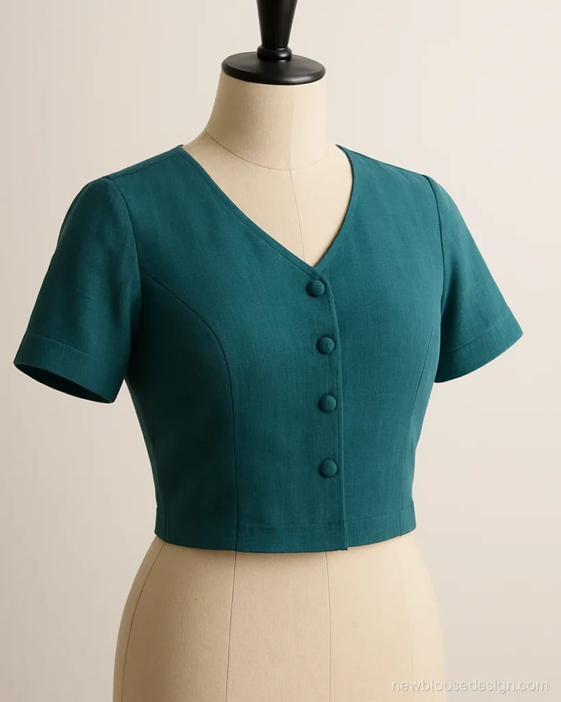 Teal blouse with a small V front neck and three fabric buttons