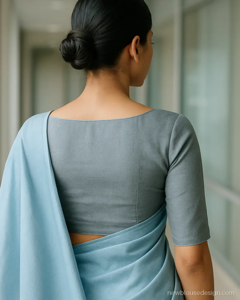 Simple office blouse in grey with boat neck back and elbow sleeves