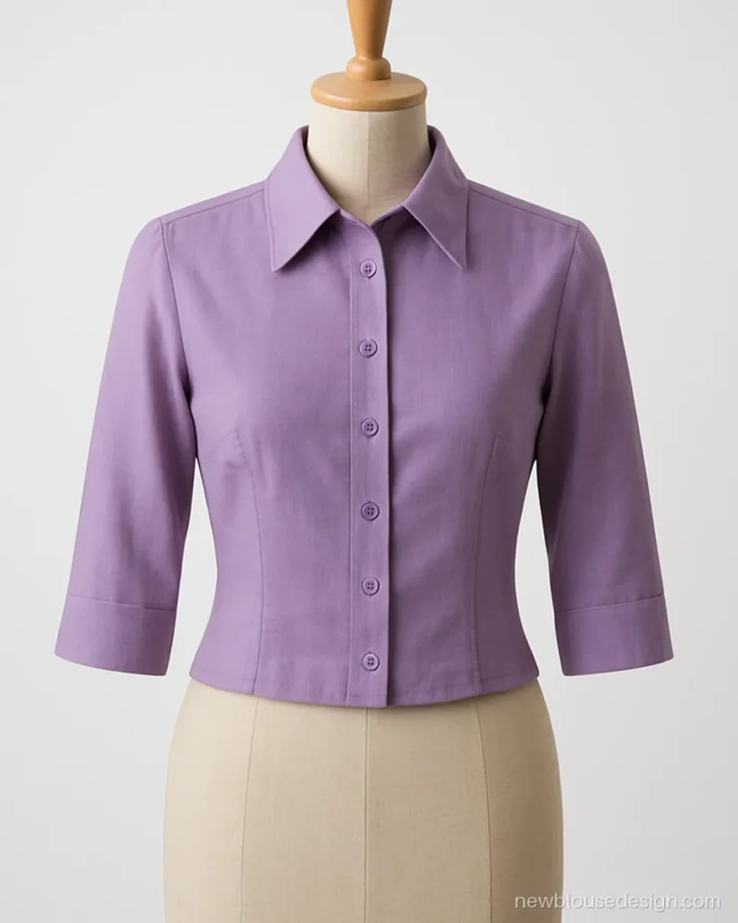 Lilac cotton blouse with a small shirt collar and three quarter sleeves, simple design for office