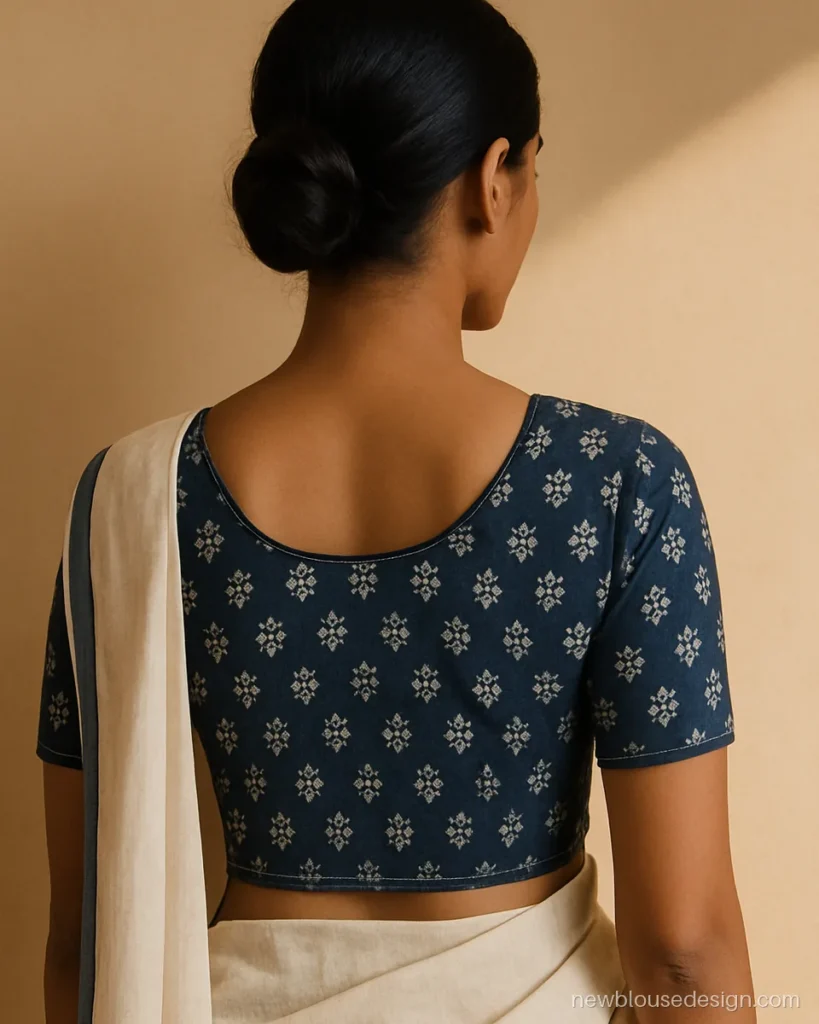 Plain saree blouse design in block print cotton with a round back neck