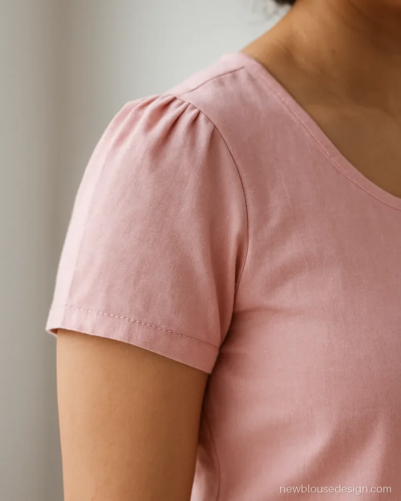 Simple blouse shoulder design with three small pleats at the sleeve top in pink